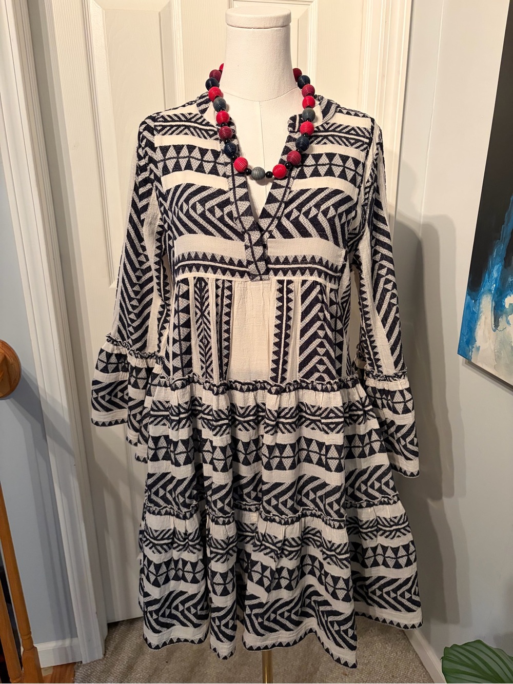 Devotion TWINS Black and White Geometric Tiered Long-Sleeve Dress